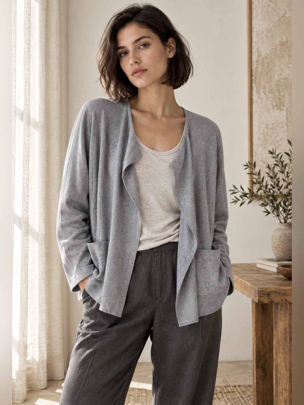 Poetry Gray Cotton Open Front Cardigan with Patch Pockets Sz US 10